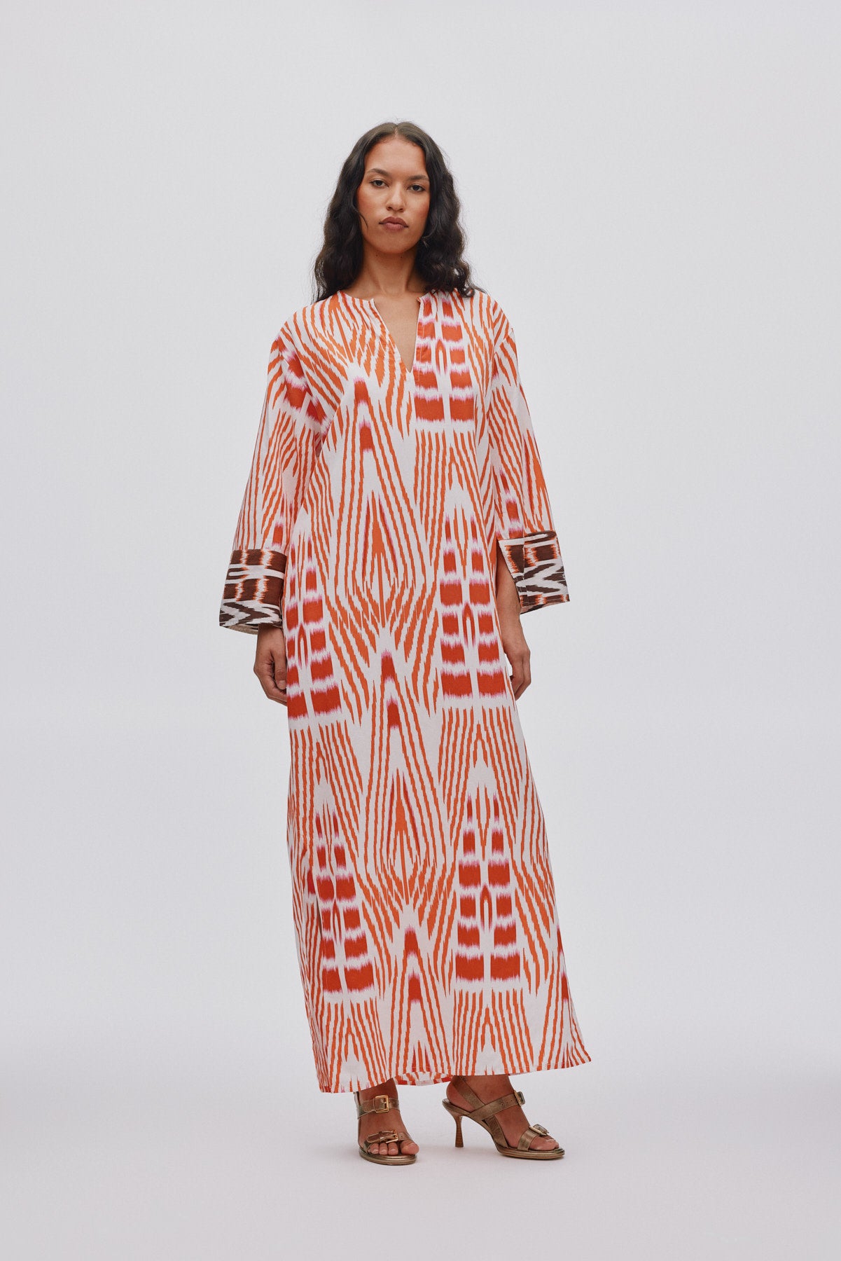 Karimalou - Ikat combo kaftan I Mandarin pink ivory & coffee combo