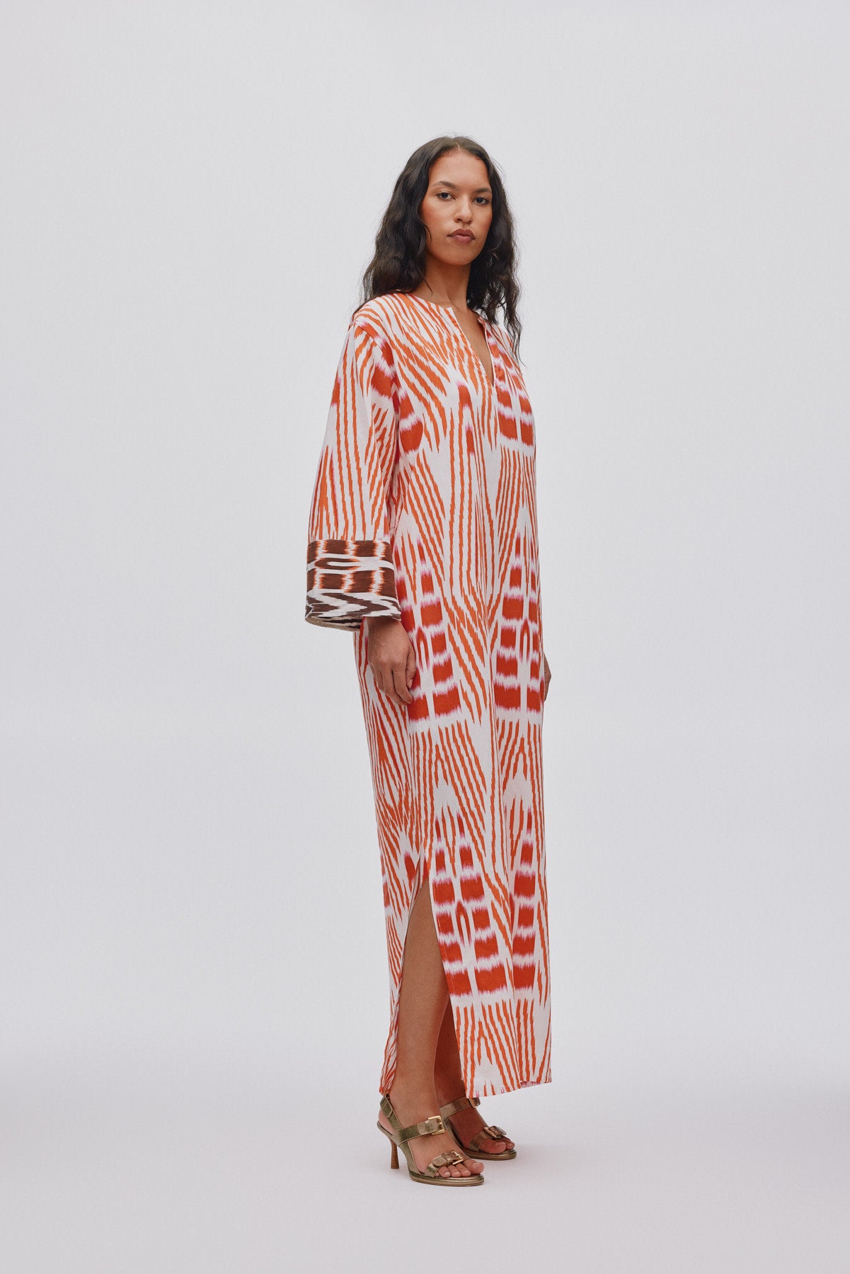 Karimalou - Ikat combo kaftan I Mandarin pink ivory & coffee combo