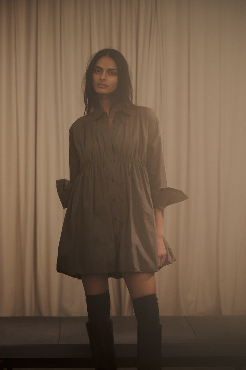 Sophia - Poplin puffed hem shirt dress I White