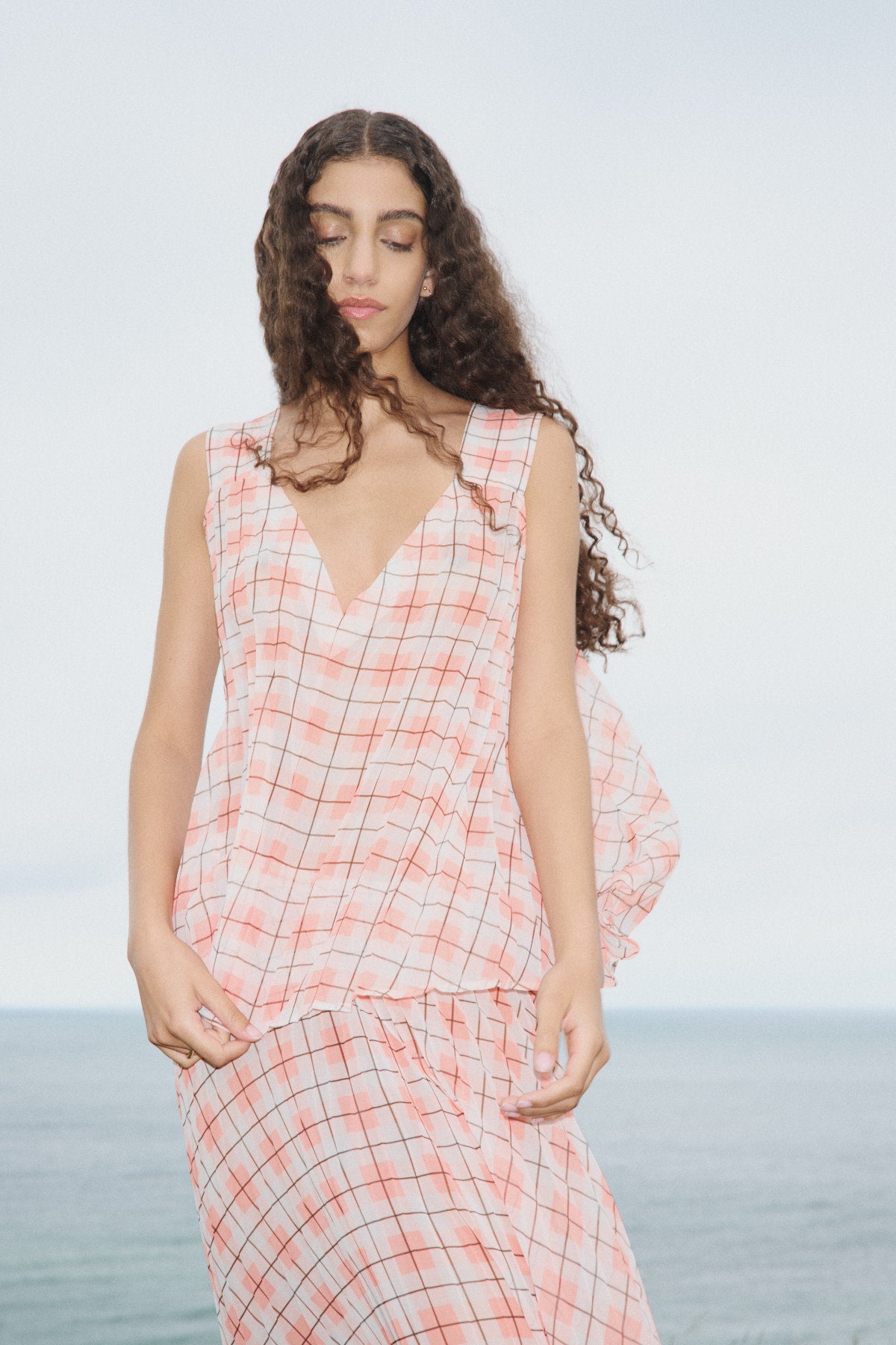 Sage - Transparent check top I Mandarin pleat