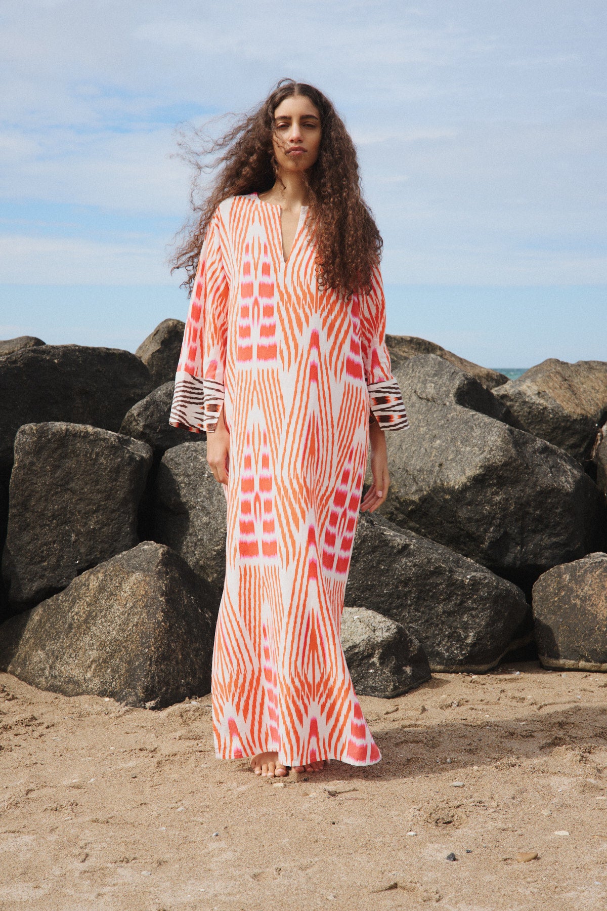 Karimalou - Ikat combo kaftan I Mandarin pink ivory & coffee combo
