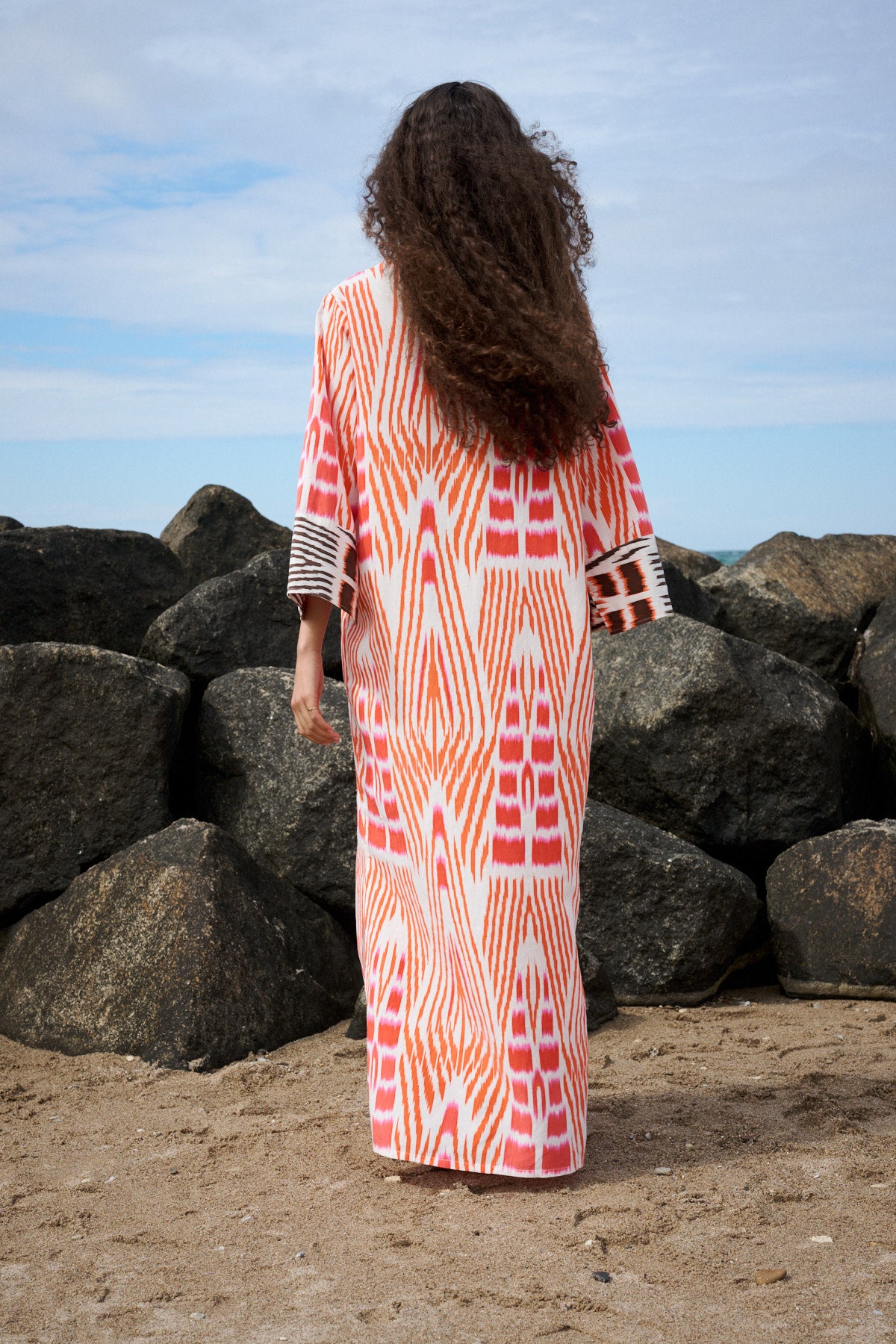 Karimalou - Ikat combo kaftan I Mandarin pink ivory & coffee combo