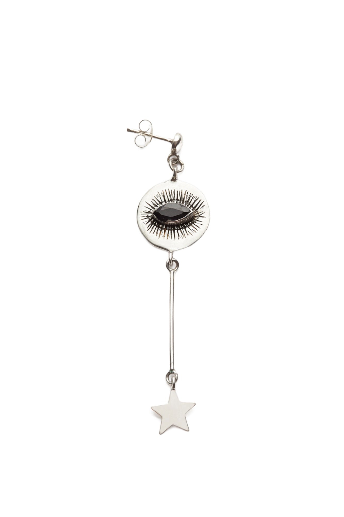 Nafsu - Long Silver eye earstick w/star pendant I Black Sapphire