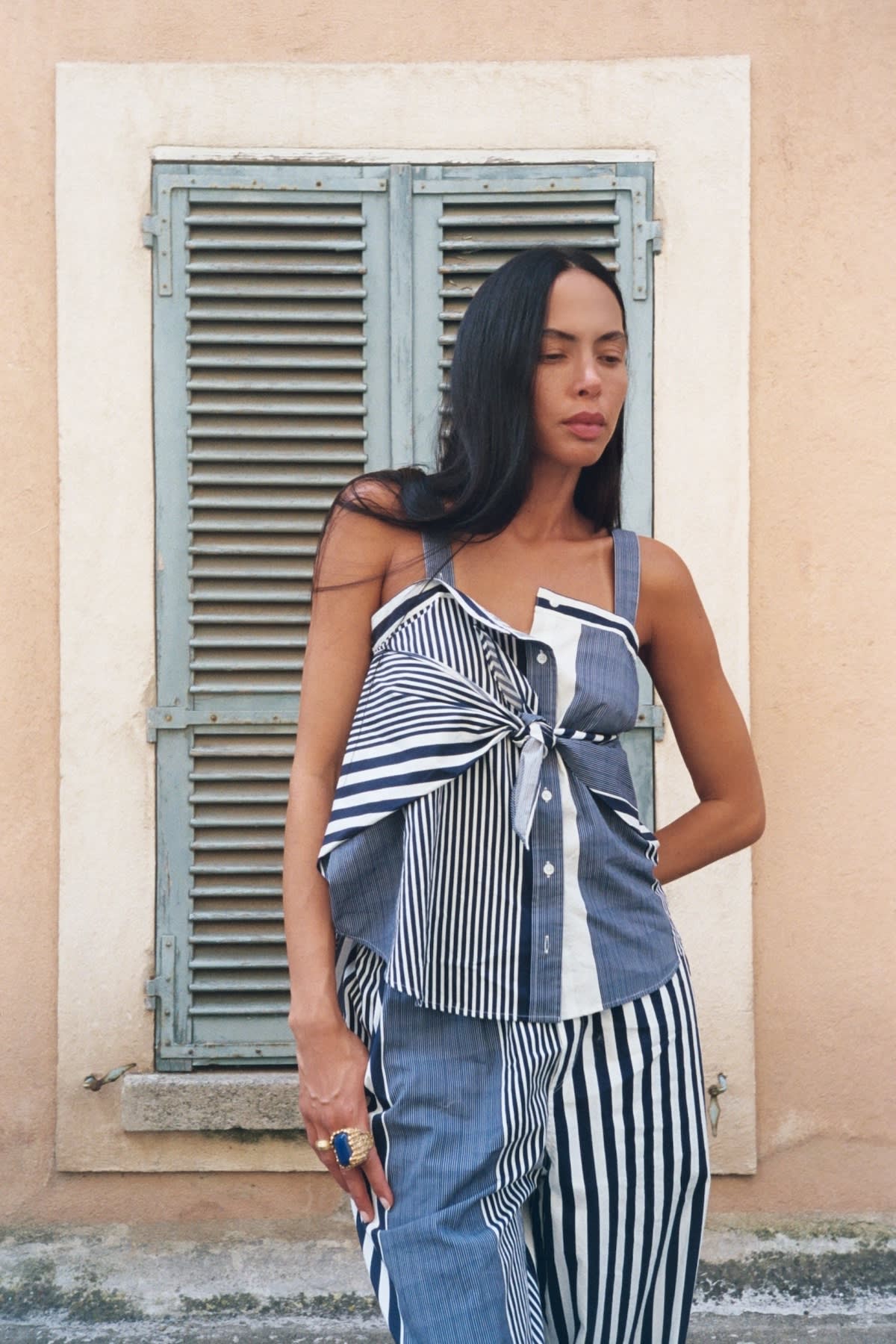Medley stripe tie front top - Bibs I Navy stripe