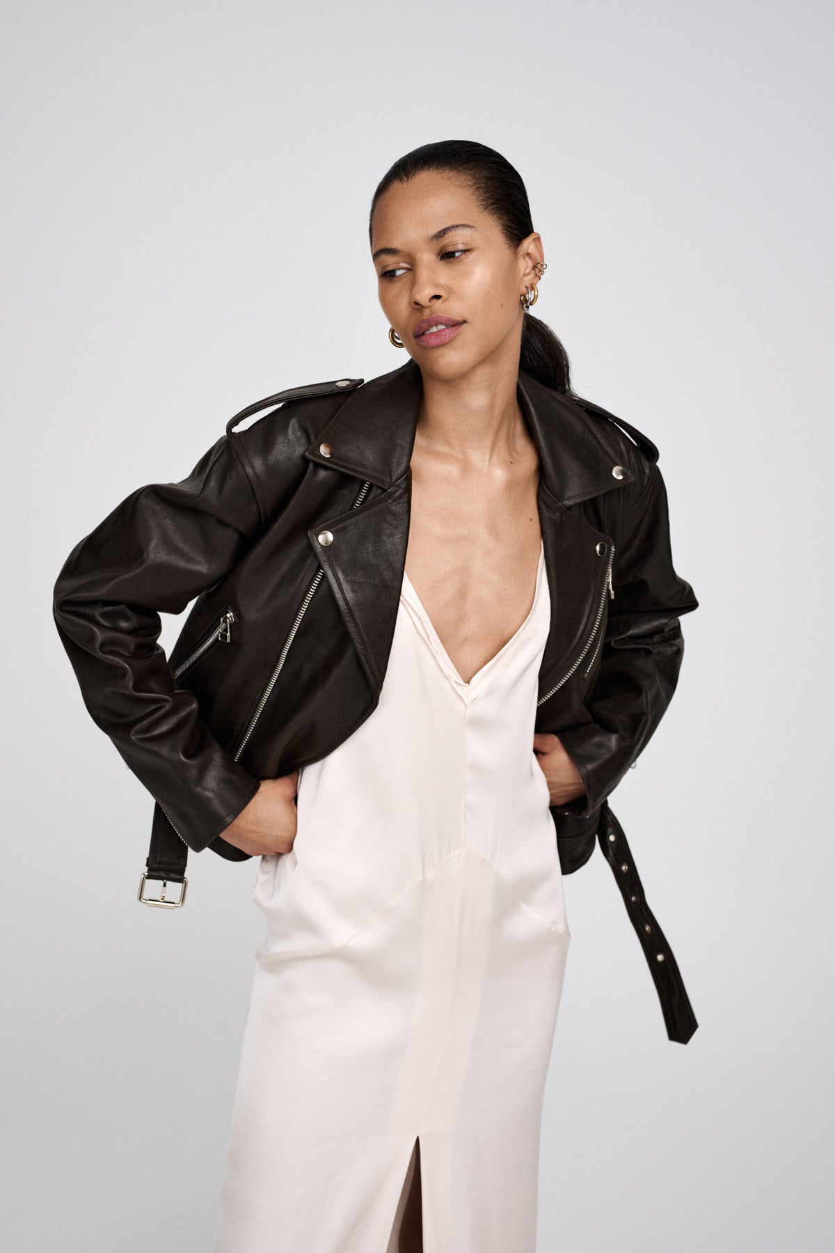 Davine - Leather biker jacket I Coffee