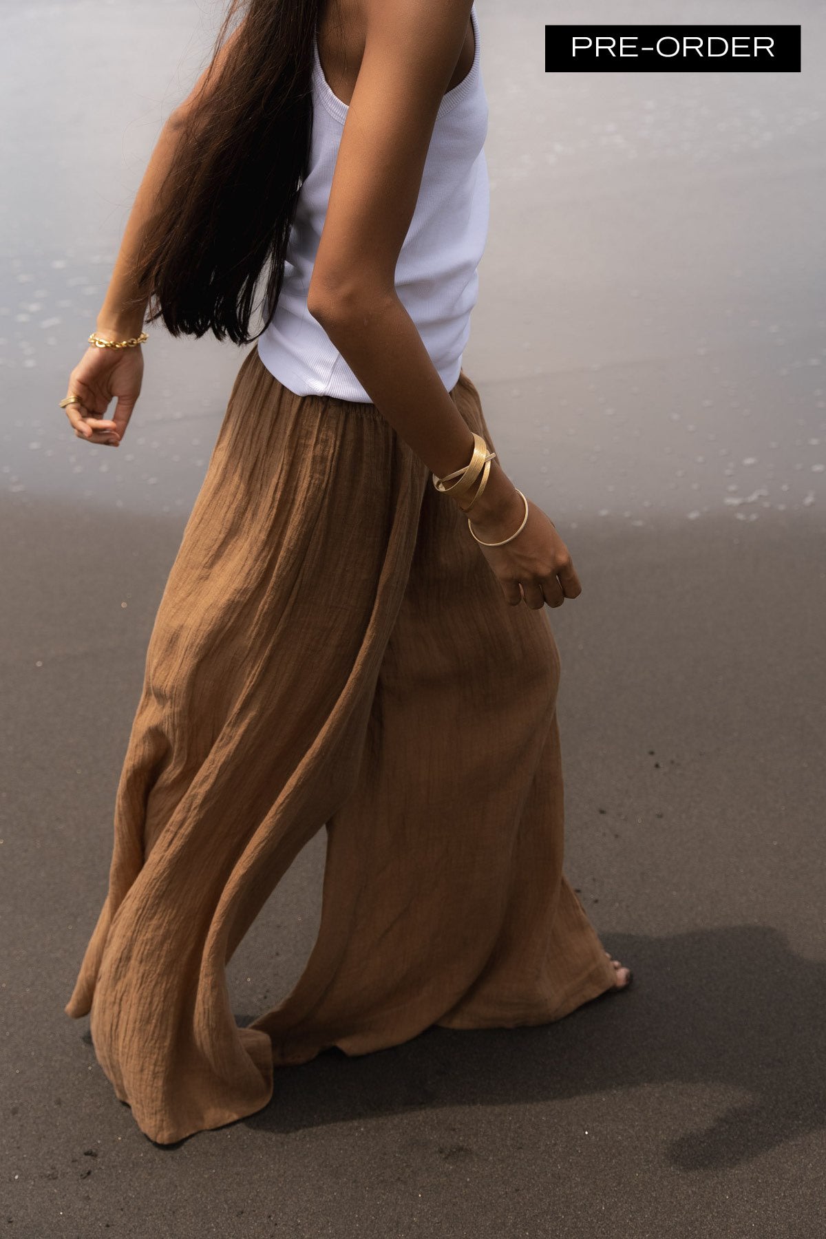 Karam - PRE-ORDER I Crinkled wide leg pants I Walnut