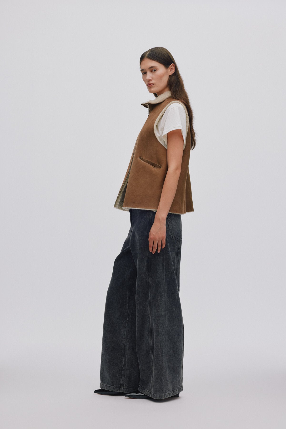 Channe - Shearling vest I Dark brown natural combo