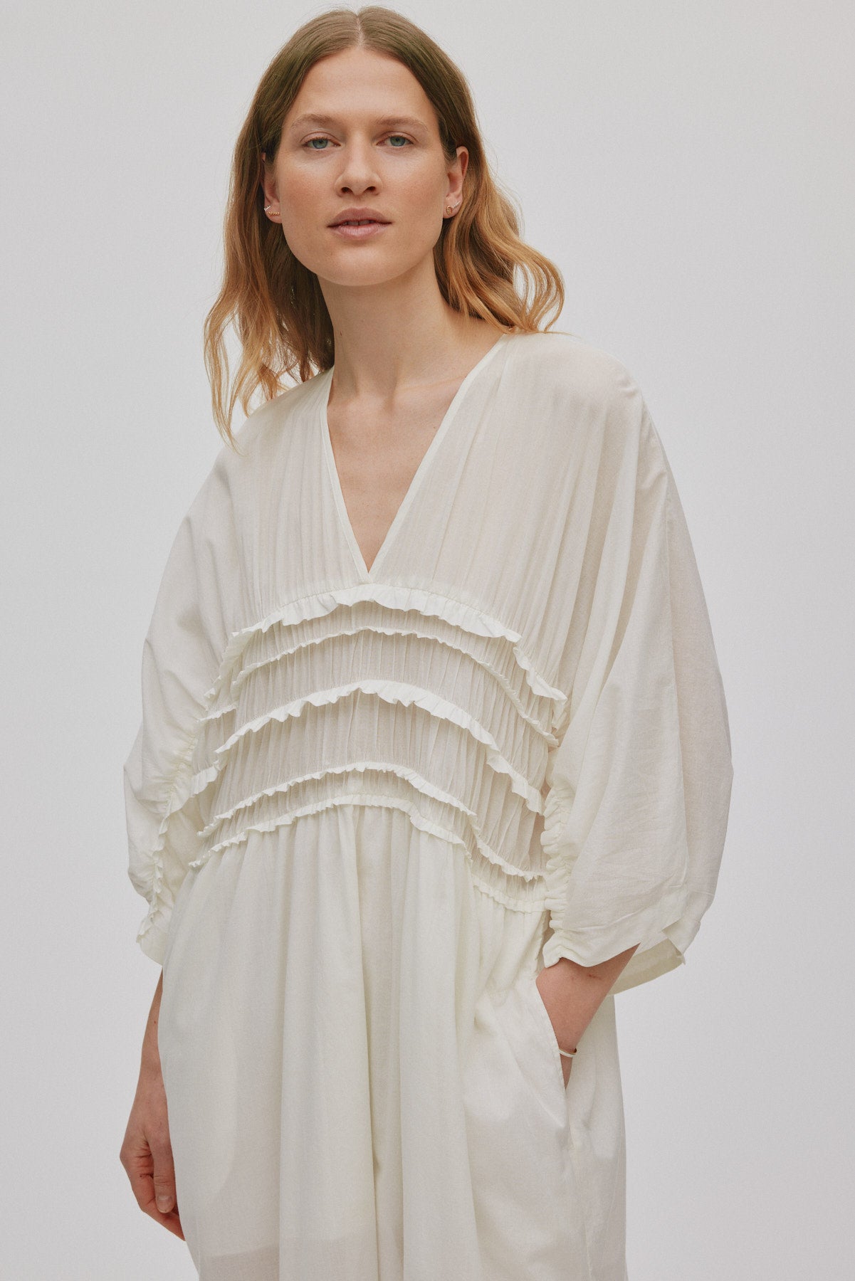 Ina - Voile frill gathered dress I Chalk
