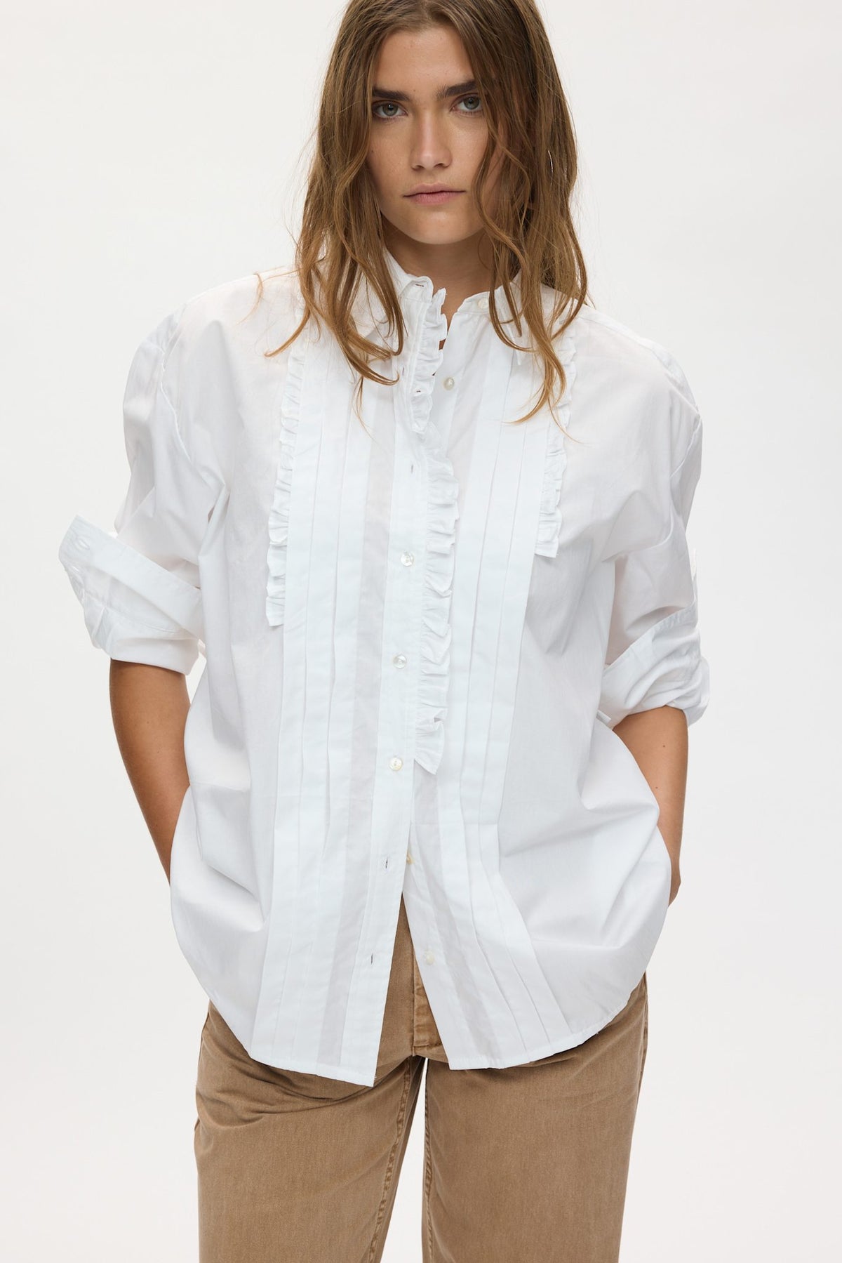 Dim - Poplin front frill shirt I White