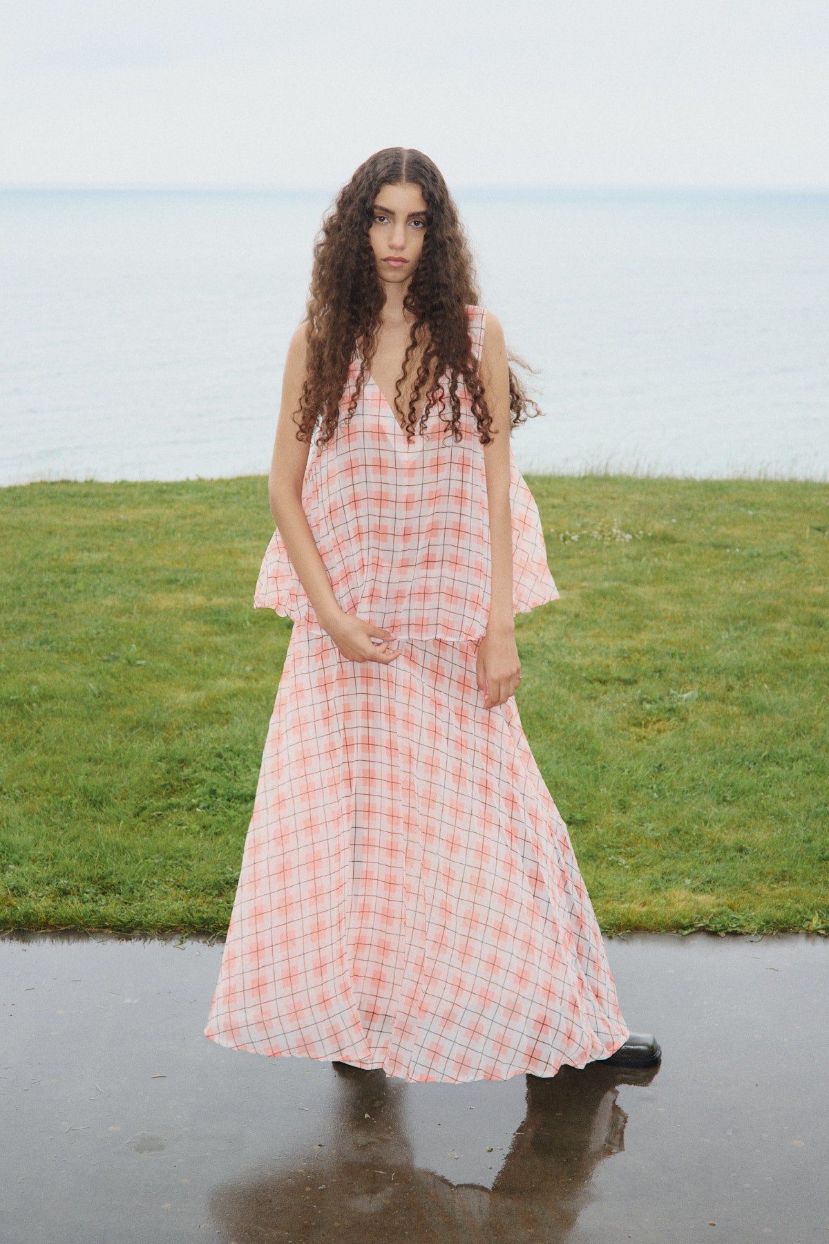 Sage - Transparent check top I Mandarin pleat