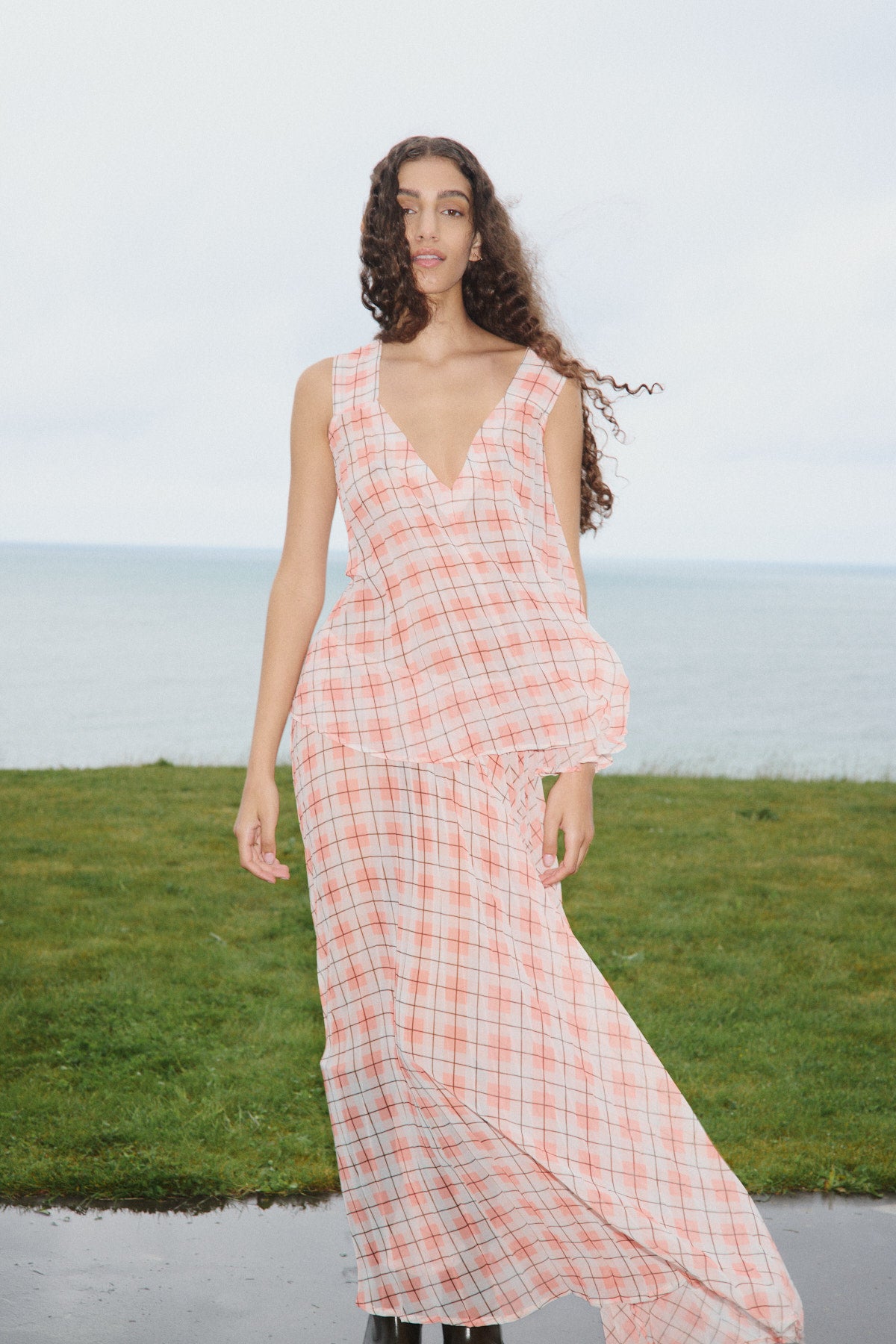 Sage - Transparent check top I Mandarin pleat