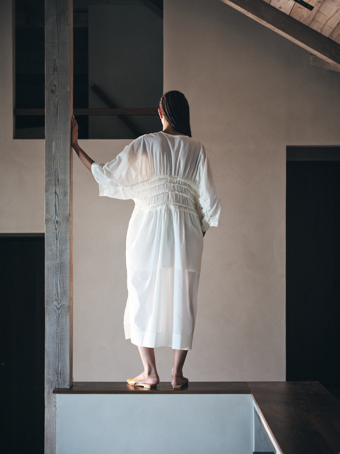 Ina - Voile frill gathered dress I Chalk