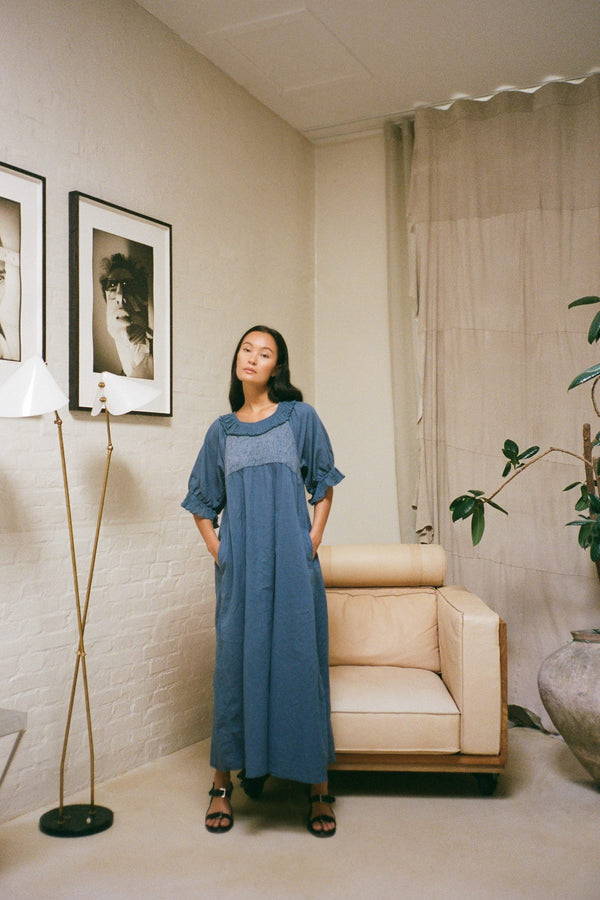 Cotton long angel dress - Dorothea I Dusty indigo