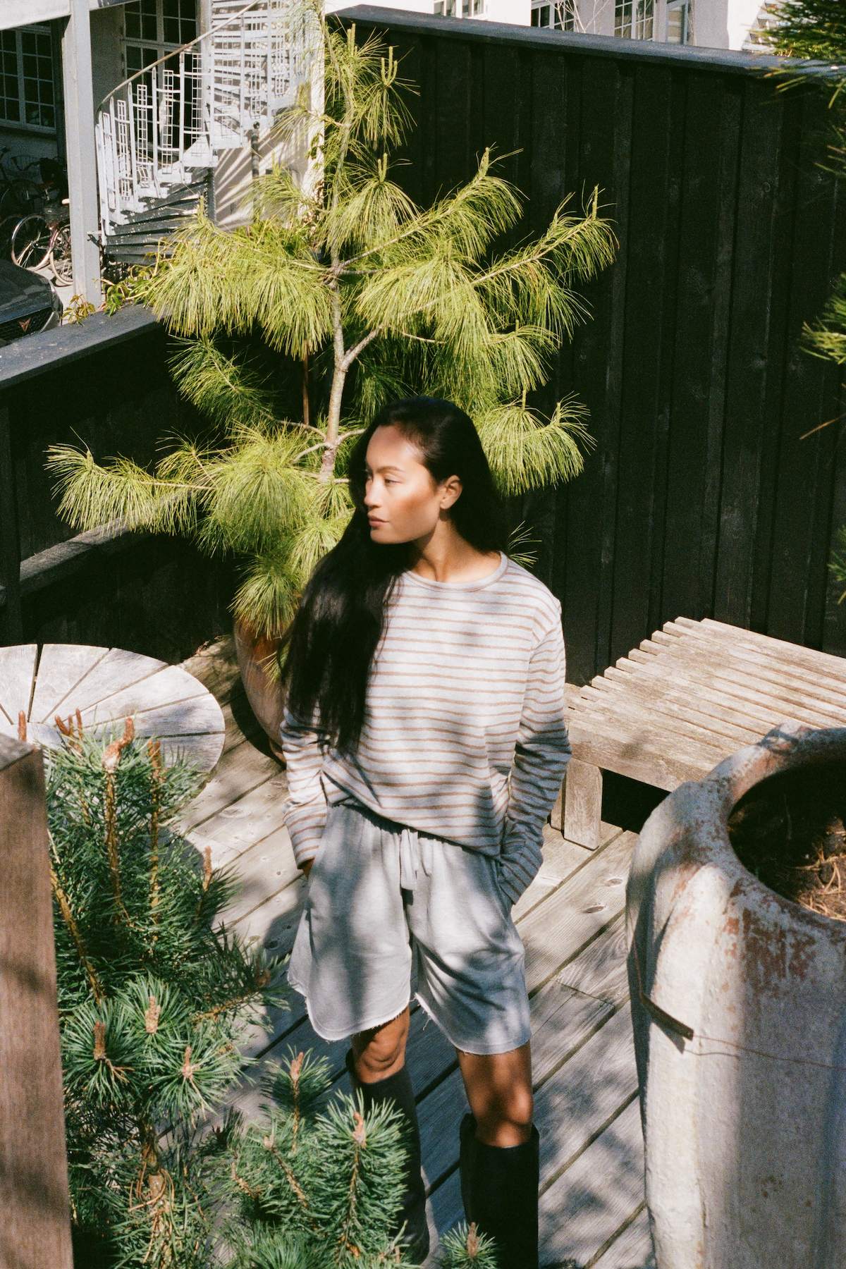 Light stretch crew neck top - Hila I Grey honey stripe