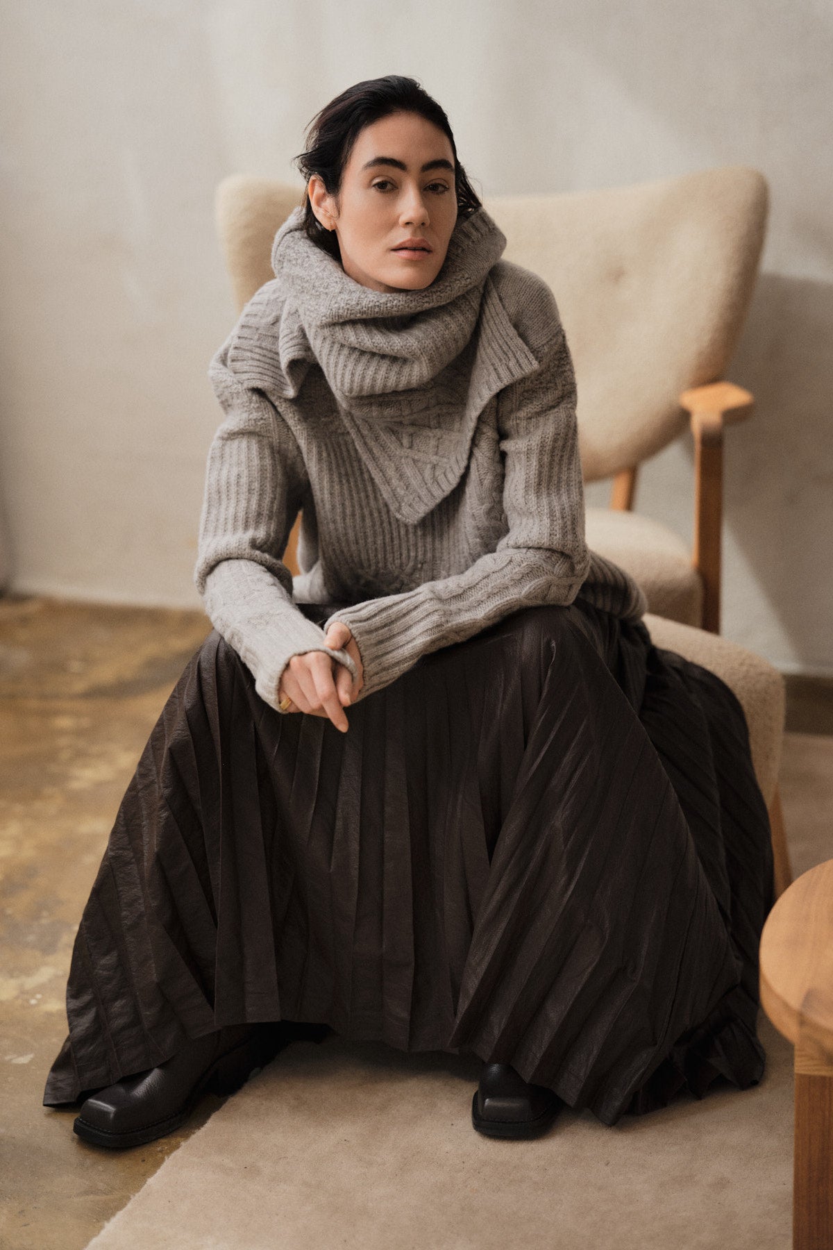 Anli - Patchwork knit sweater I Light grey melange