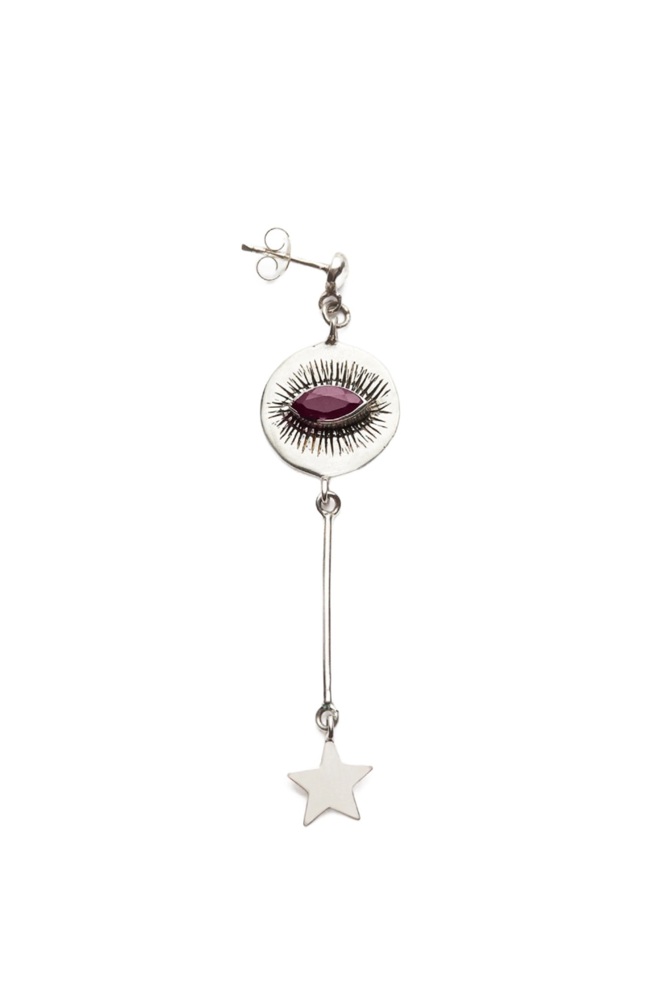 Nafsu - Long Silver eye earstick w/star pendant I Red Ruby