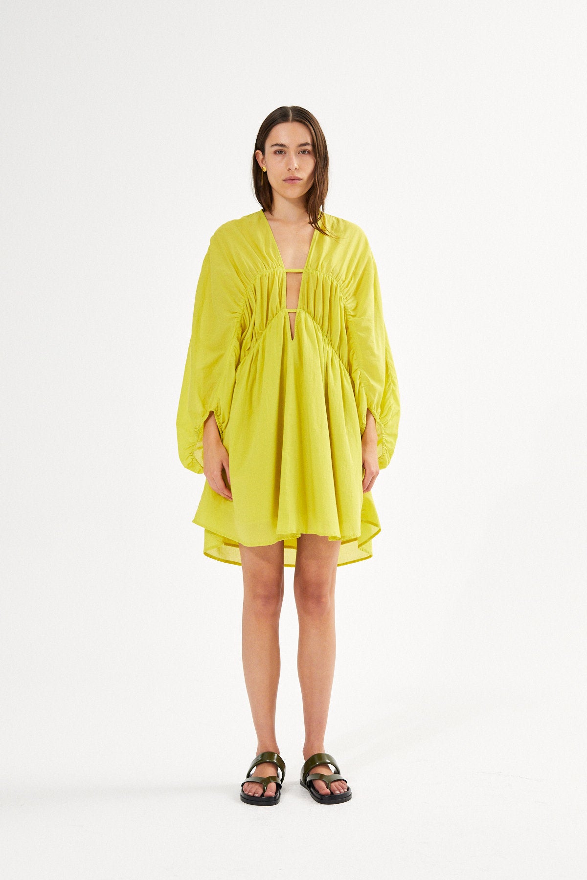 Cotton voile deep V-neck dress - Corrina I Khaki