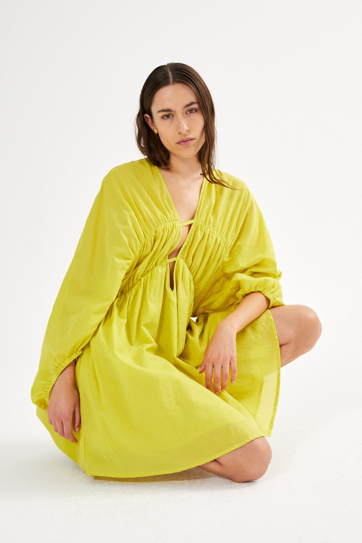Cotton voile deep V-neck dress - Corrina I Khaki