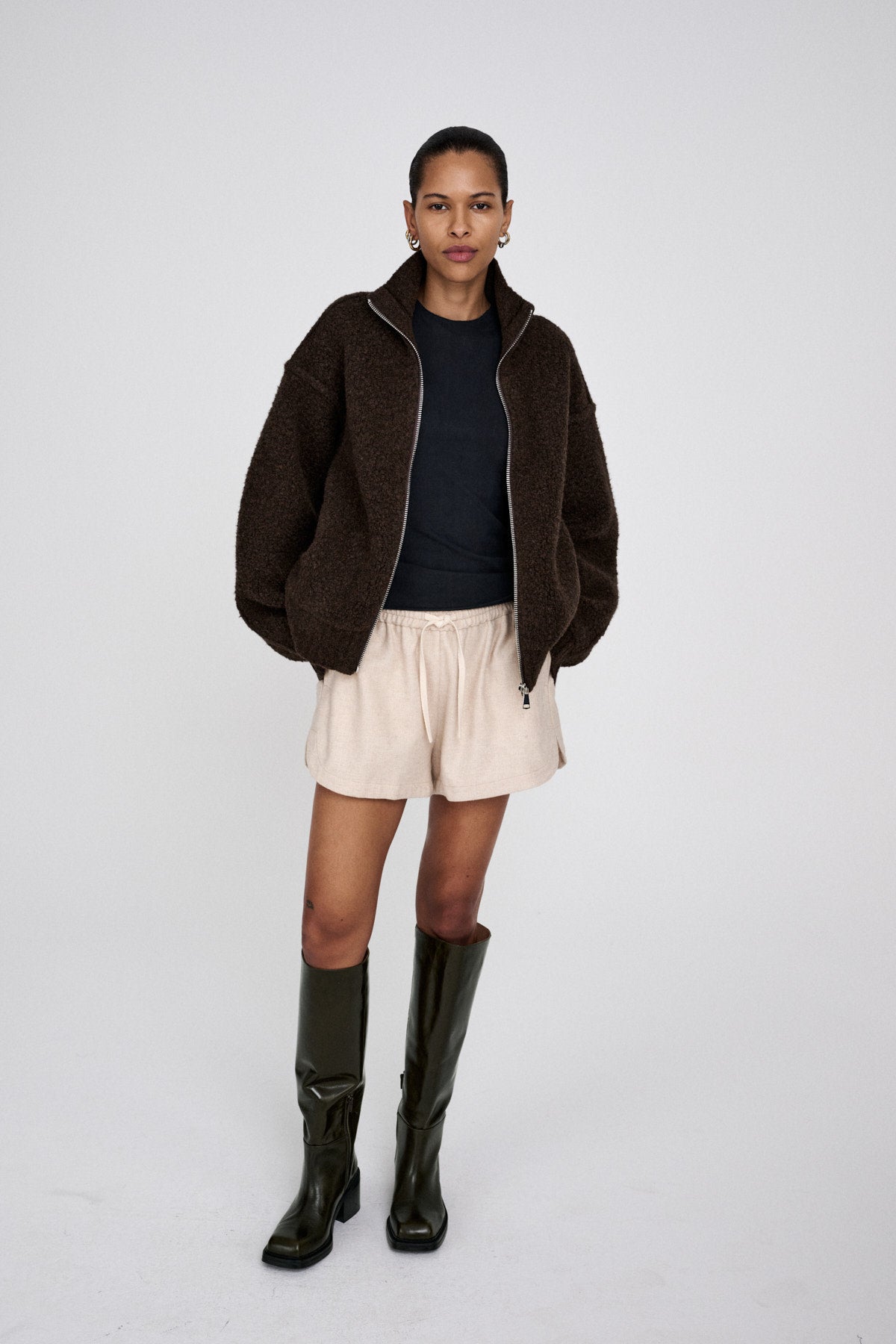 Sigal - Sheep knit high collar jacket I Dark brown
